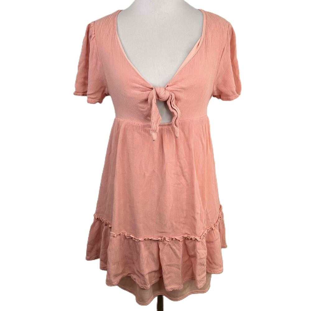 Altar'd State Pink Peach Short Sleeves V-Neck Ruffle Tie Front Dress Size M